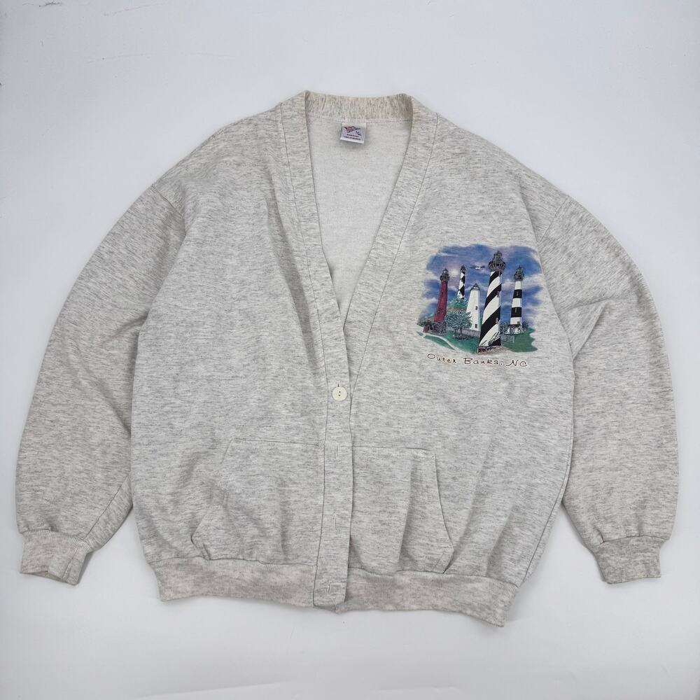Vintage 90s ESY Outer Banks NC Lighthouse Sweatshirt Cardigan L/XL USA